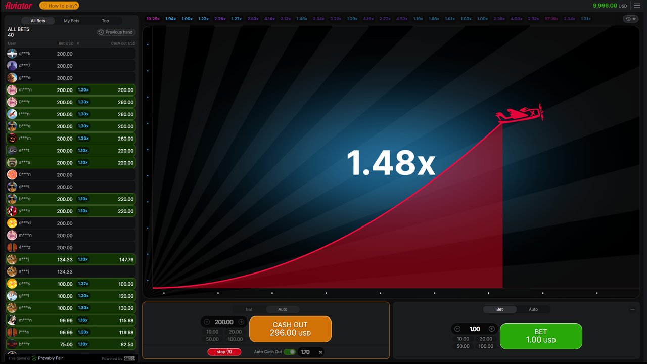Screenshot of an Aviator game round with a rising multiplier and live bets list