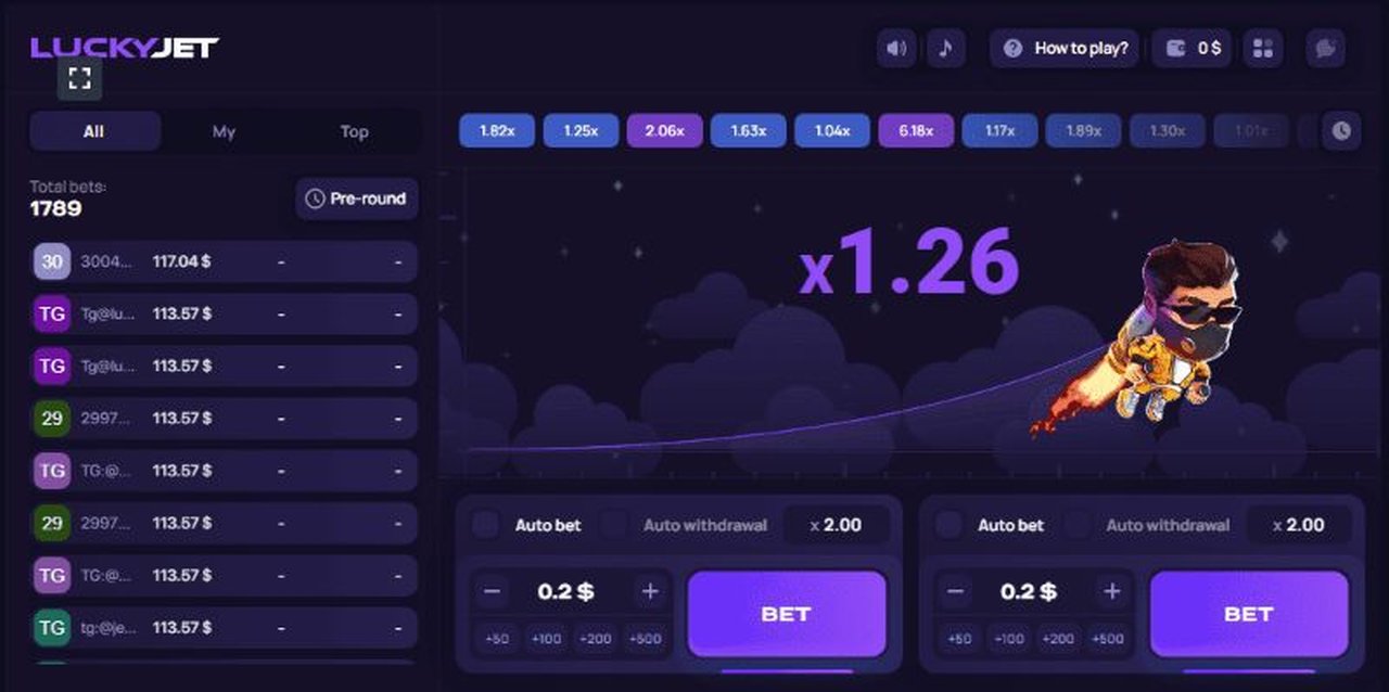 Скриншот игрового раунда Lucky Jet с коэффициентом 1.26x и космонавтом на реактивном ранце