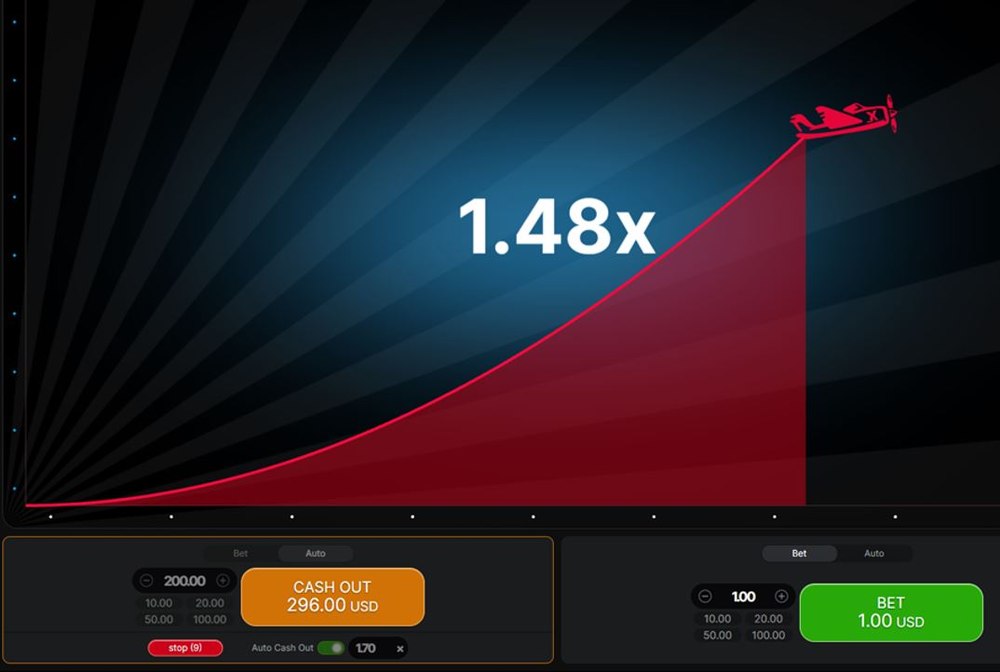 Растущий коэффициент 1.48x во время полёта самолёта, кнопка Cash Out показывает потенциальный вывод 296 USD